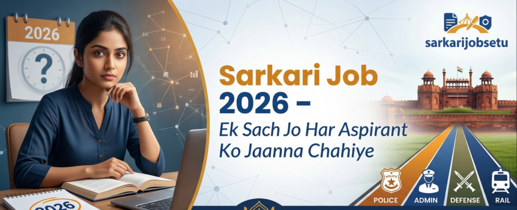 A student preparing for Sarkari Job 2026 with study materials and laptop showing latest government job notifications